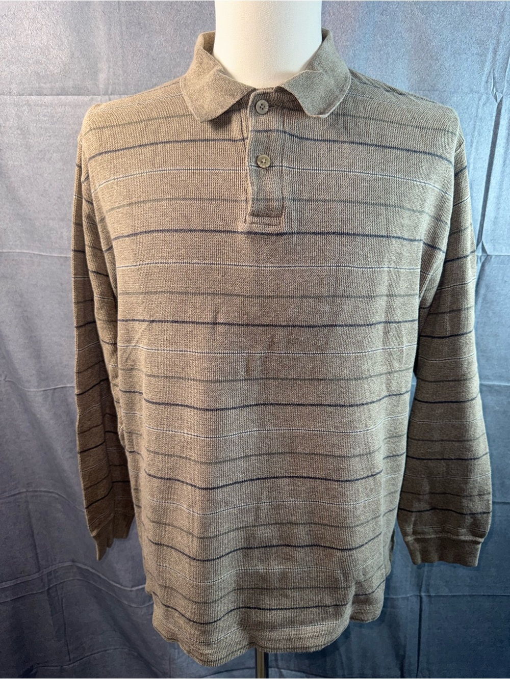 1522-NATURAL LIFE Men's Long-Sleeve Polo in Taupe with Navy Stripes